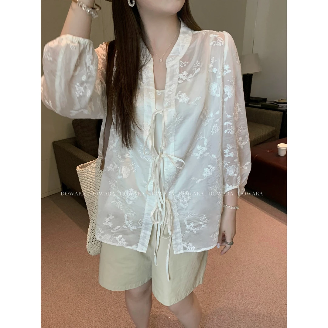 大婉酱微胖定制【半日闲】莱赛尔绣花国风真两件上衣夏季衬衣6954D