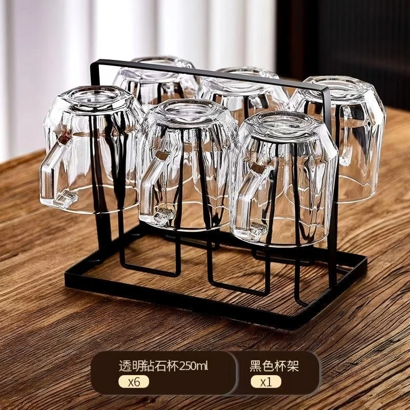 【Ｍ】6只+杯架套装钻石玻璃杯把手客厅水杯牛奶家用饮料杯咖啡杯