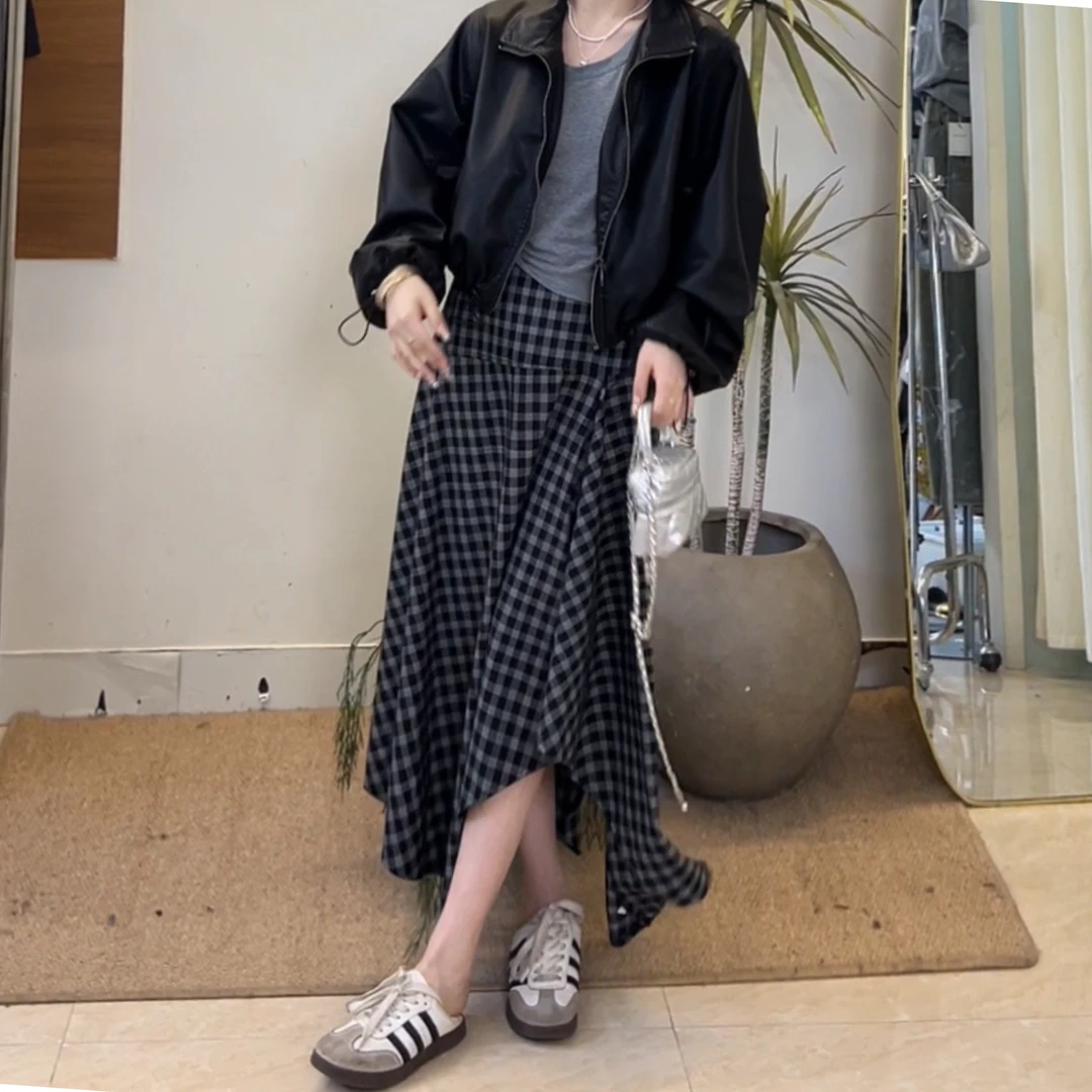 EE·韩系极简不规则设计感棉麻半松紧格子半身裙