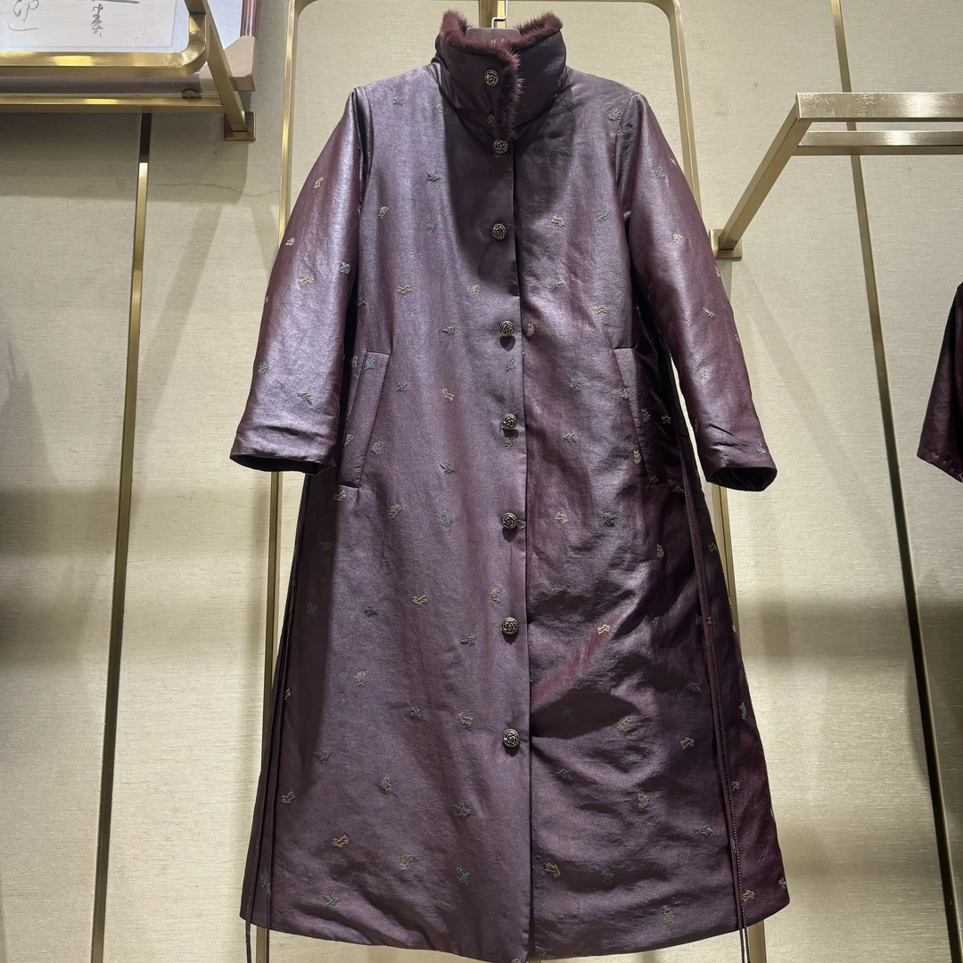 田新家高定100桑蚕丝 冬季新品刺绣毛领红云纱棉服(86361)