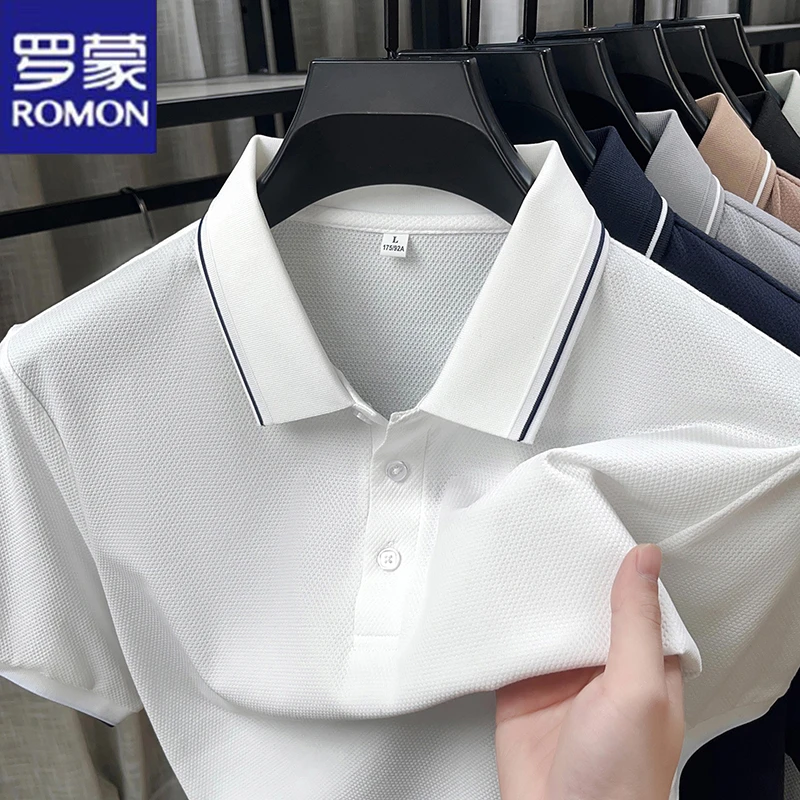 Romon/罗蒙短袖polo薄款商务含棉桑蚕丝夏季透气男纯色宽松Polo衫