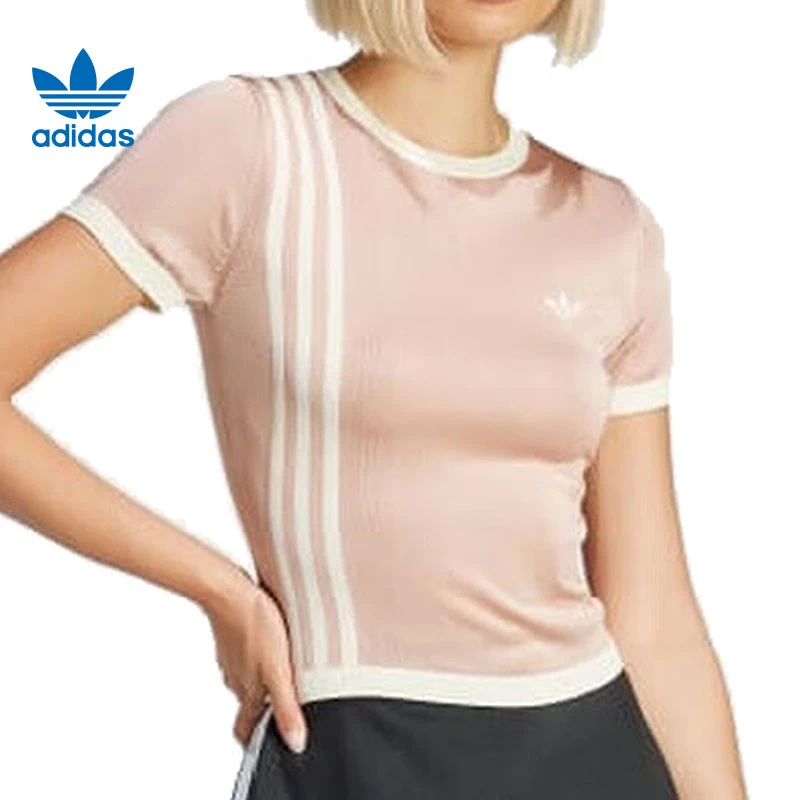 adidas阿迪达斯女子KNITTED 3S TEE针织无领短T恤JJ0962