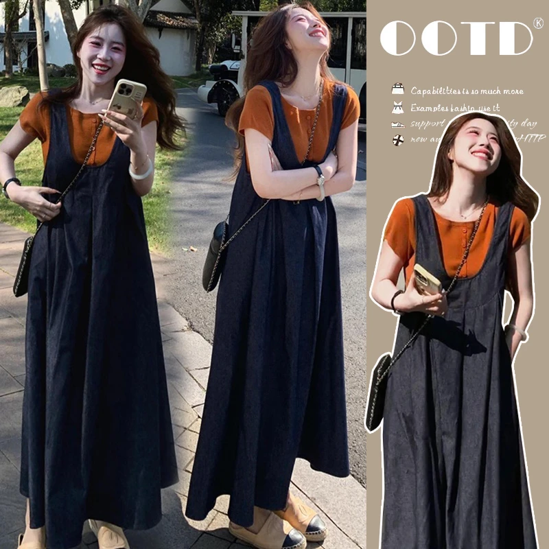 XIAOBU~孕妇装夏装新款宽松背带裙孕妇连衣裙短袖t恤孕妇两件套装