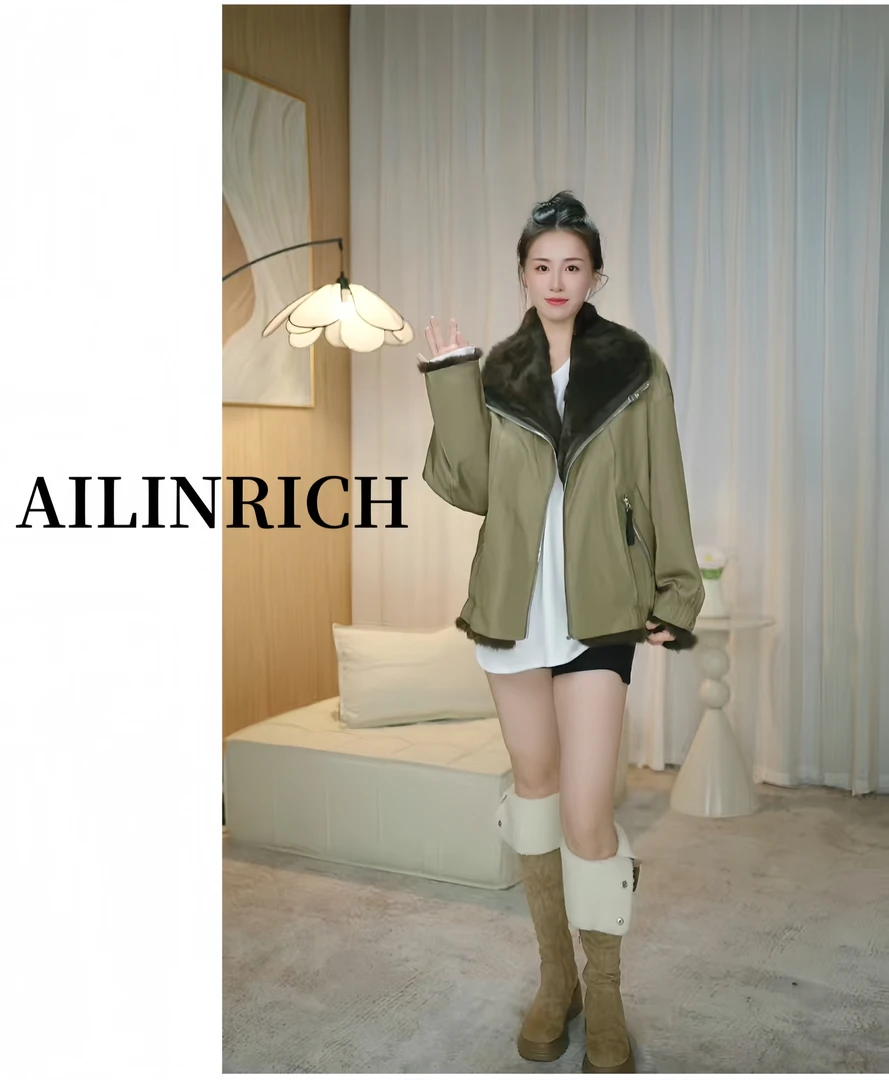 AILINRICH 2025新款两面穿休闲兔皮毛一体皮草外套