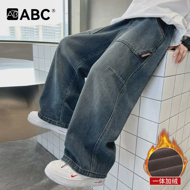 ABC男童裤子秋冬款加绒牛仔裤2025新款男孩冬季一体绒休闲裤儿童