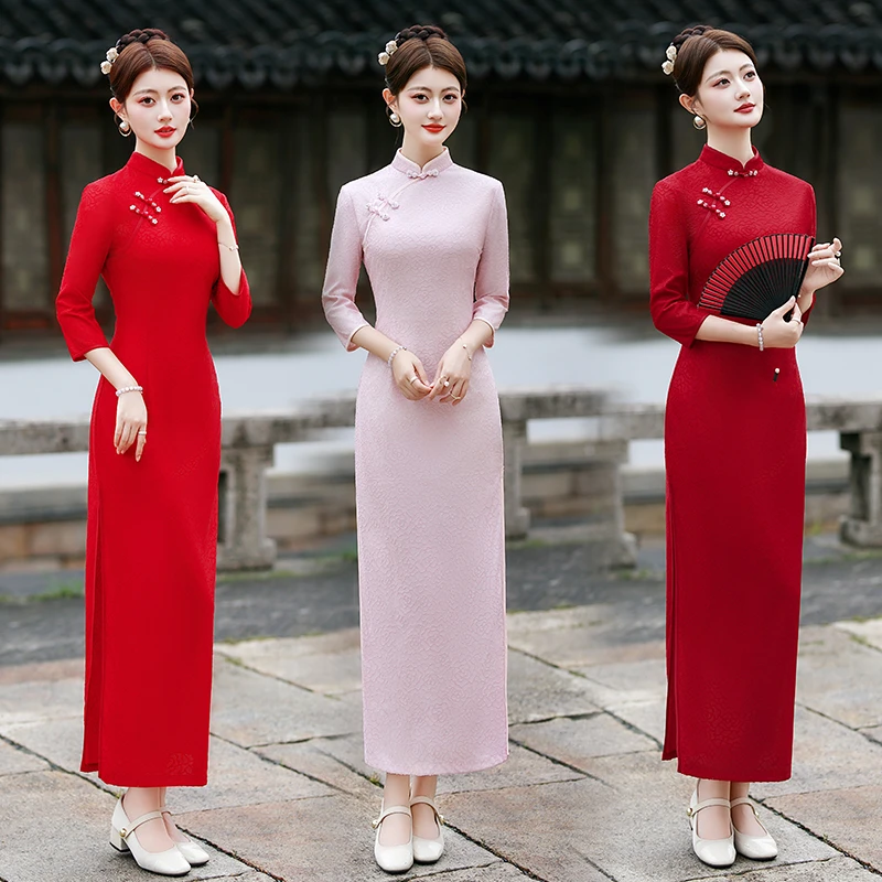 高档复古中国风七分袖旗袍长款气质喜婆婆妈妈婚宴装礼服日常走秀
