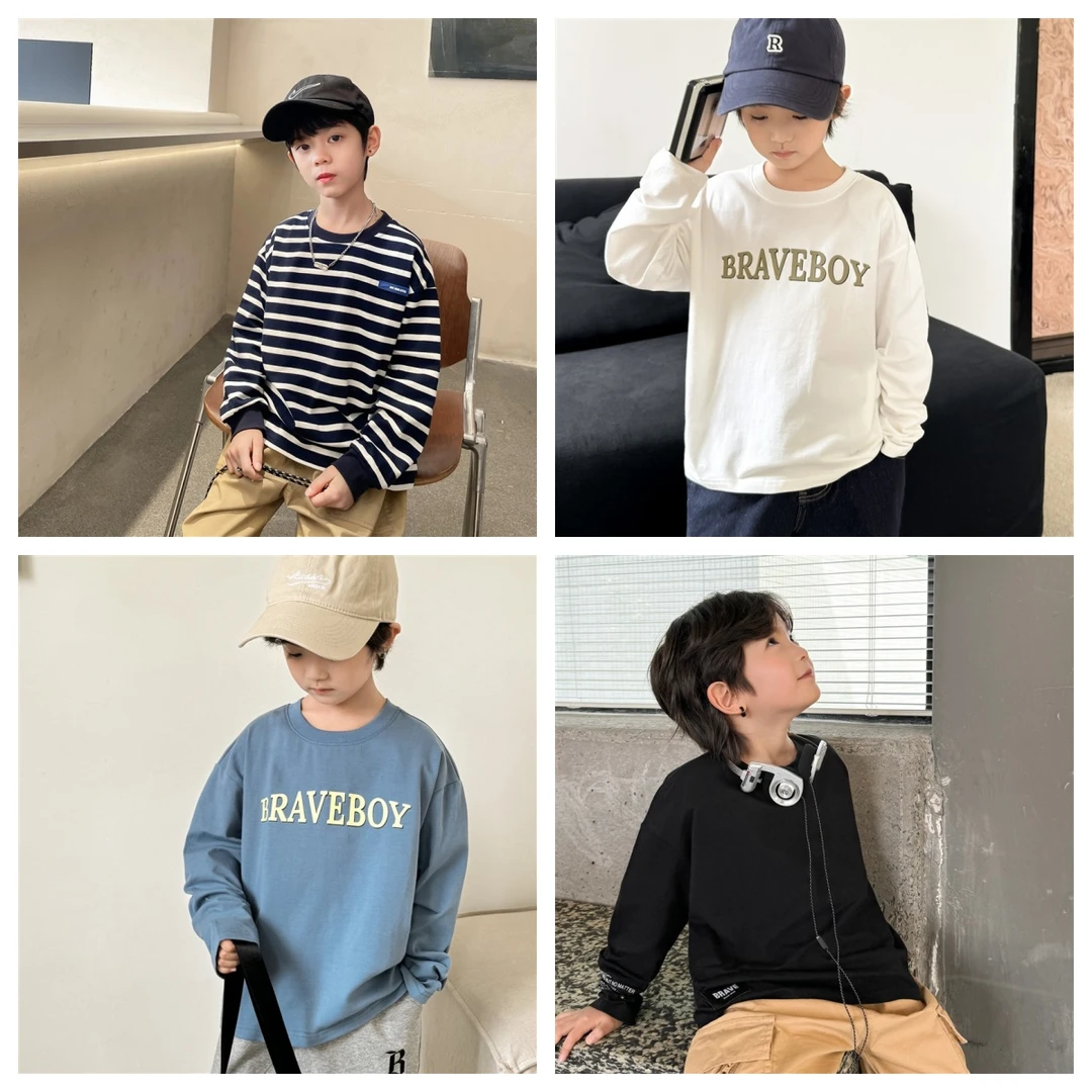 【高克重】男童经典纯色长袖T恤中大童透气条纹T打底|23aa09