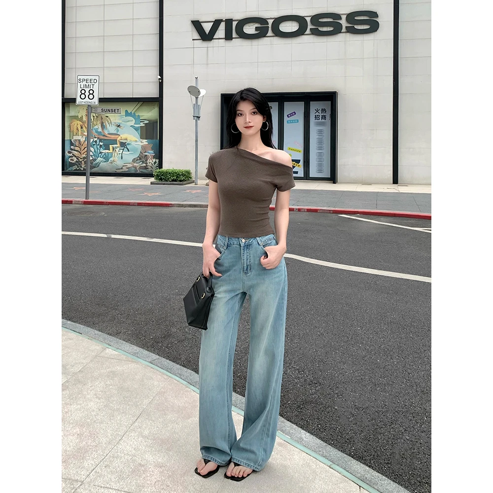 DUOXINIU/多喜牛/Oye高腰夏季牛仔裤莱赛尔女休闲蓝色直筒阔腿裤