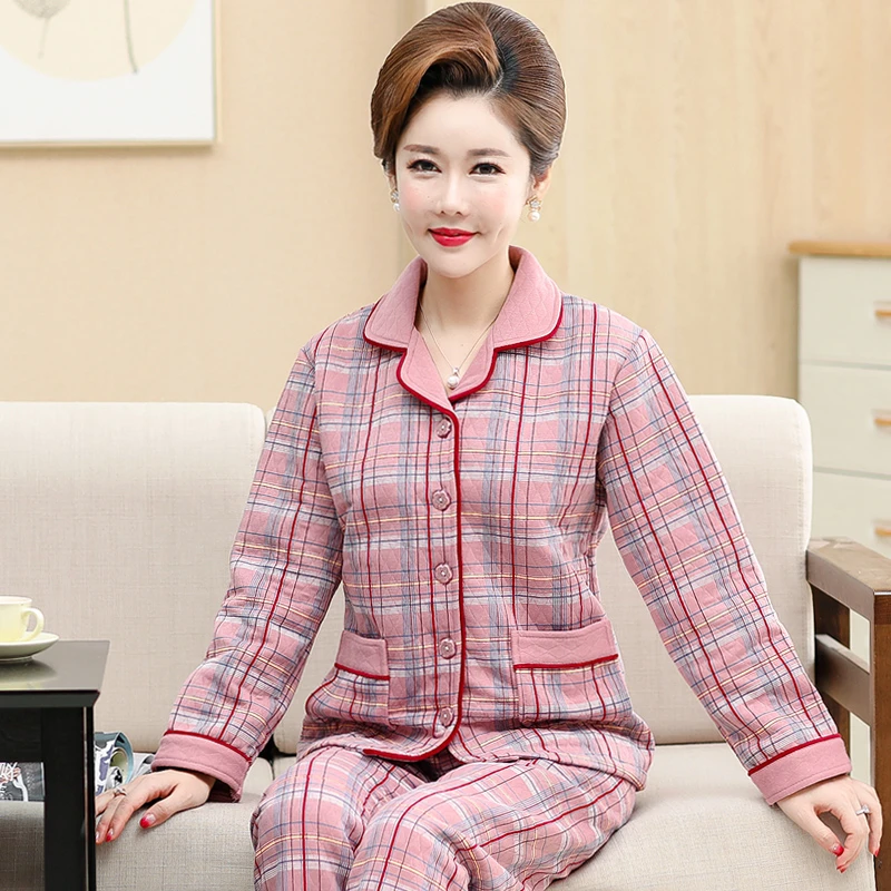 中年妈妈睡衣女秋冬纯棉长袖加厚空气棉中老年冬季保暖夹层家居服