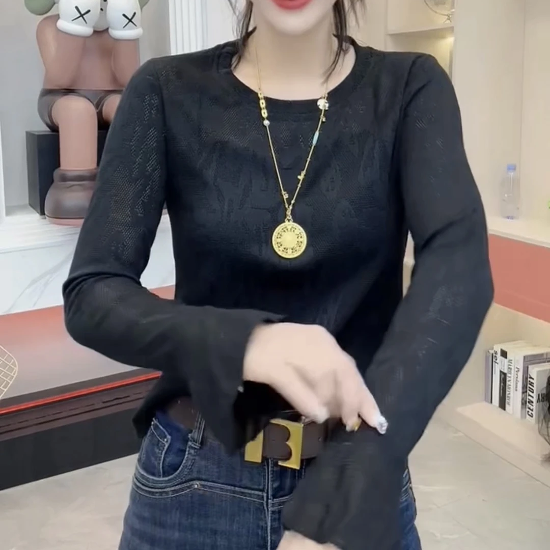 提花长袖速干圆领常规T恤百搭网红时尚修身