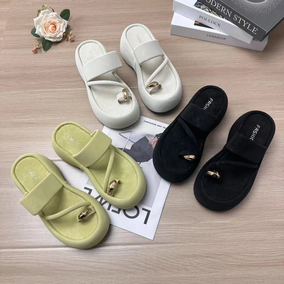 【H7】拖鞋外穿夏季女2025新款时尚超火防滑增高厚底仙女风一字凉拖