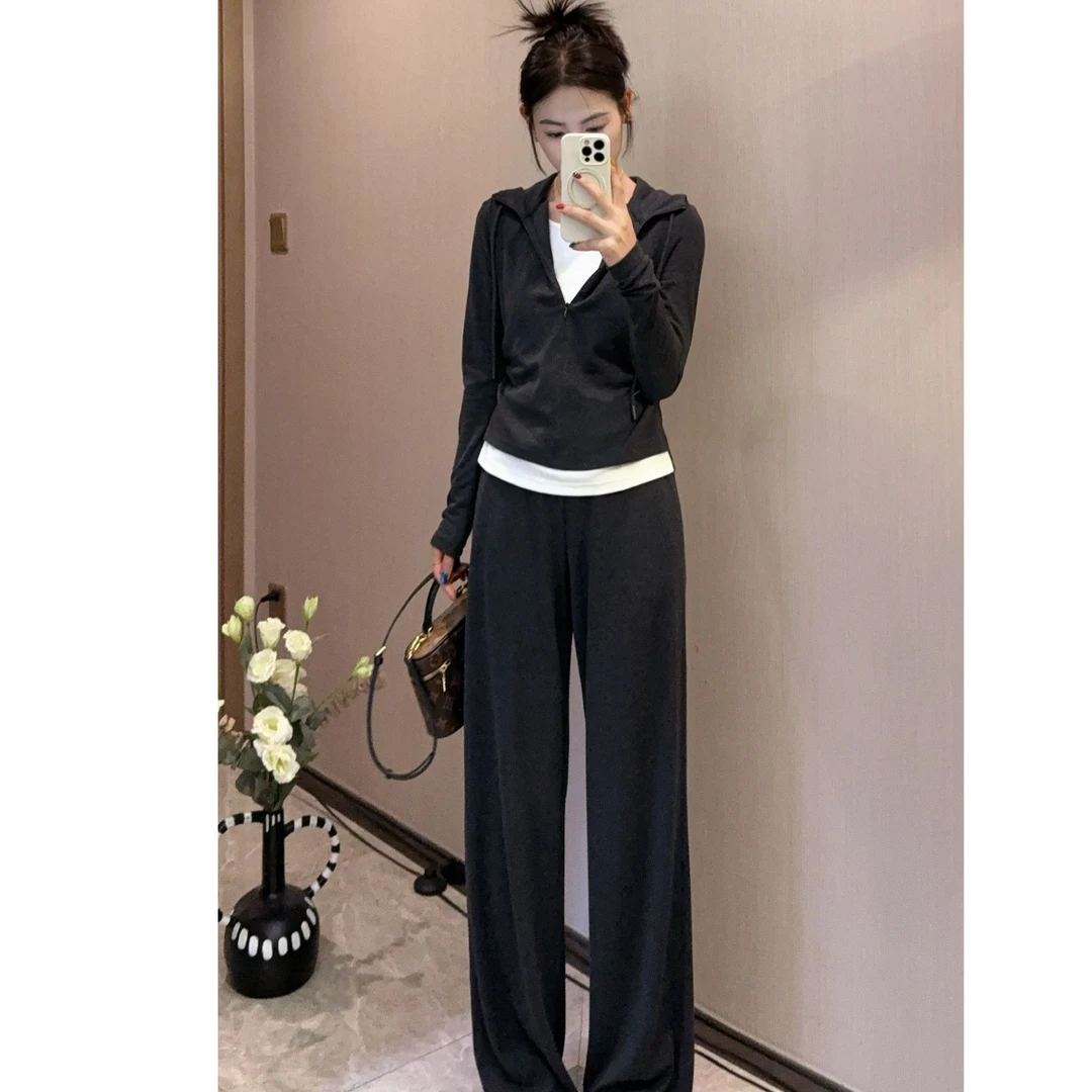 百搭通勤连帽外套上衣休闲垂感长裤甜美显瘦套装气质富家千金衣服