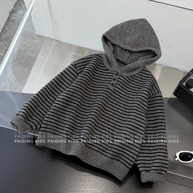 春秋装儿童韩版时尚经典拼色条纹连帽套头毛衣针织上衣SJ6393-QQ1