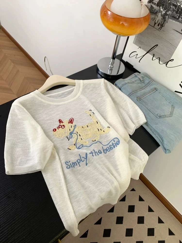 小狗刺绣正肩冰丝针织t恤女夏季薄款设计感宽松休闲短袖小衫上衣