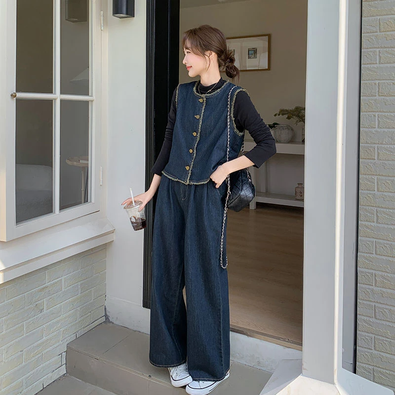 港风复古牛仔马甲阔腿裤套装女2025春新款高级感休闲打底衫三件套