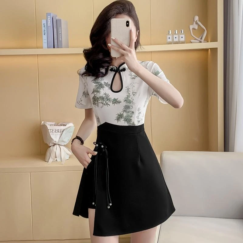 夏季新款新中式改良旗袍时尚套装女夏年轻款少女连衣裙+短裤