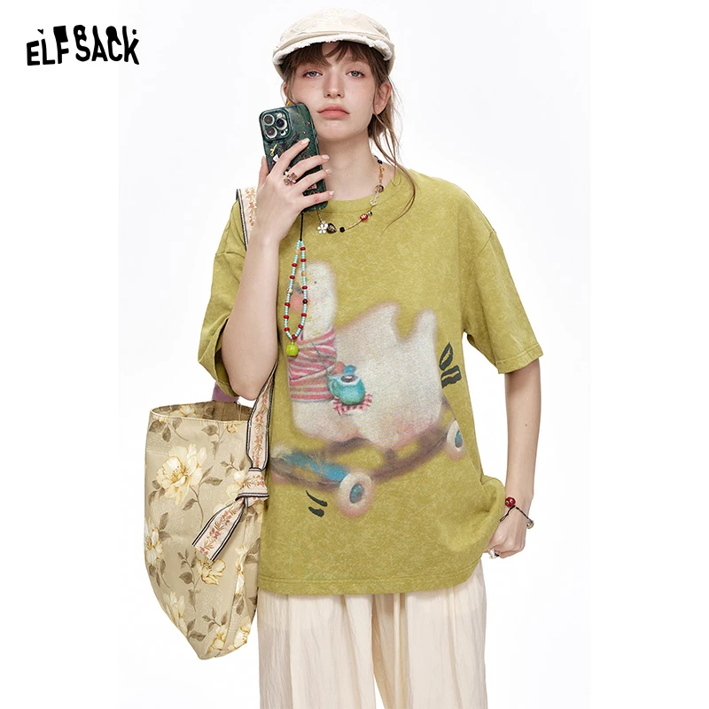 妖精的口袋原创手绘印花短袖t恤2025春宽松休闲慵懒上衣25105132