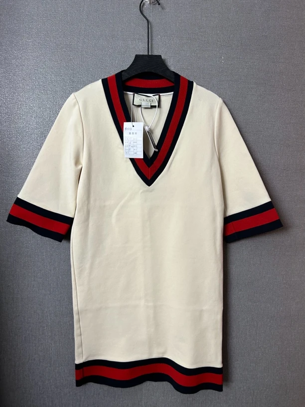 95新 GUCCI/古驰 白色V领半袖撞色连衣裙
