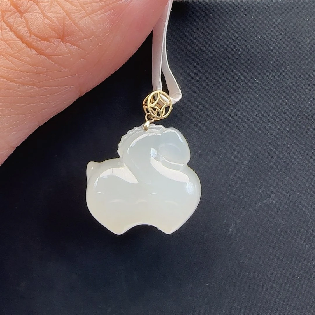 和田玉18K金镶嵌颈饰冰皎 荔枝白 马上有财 吊坠