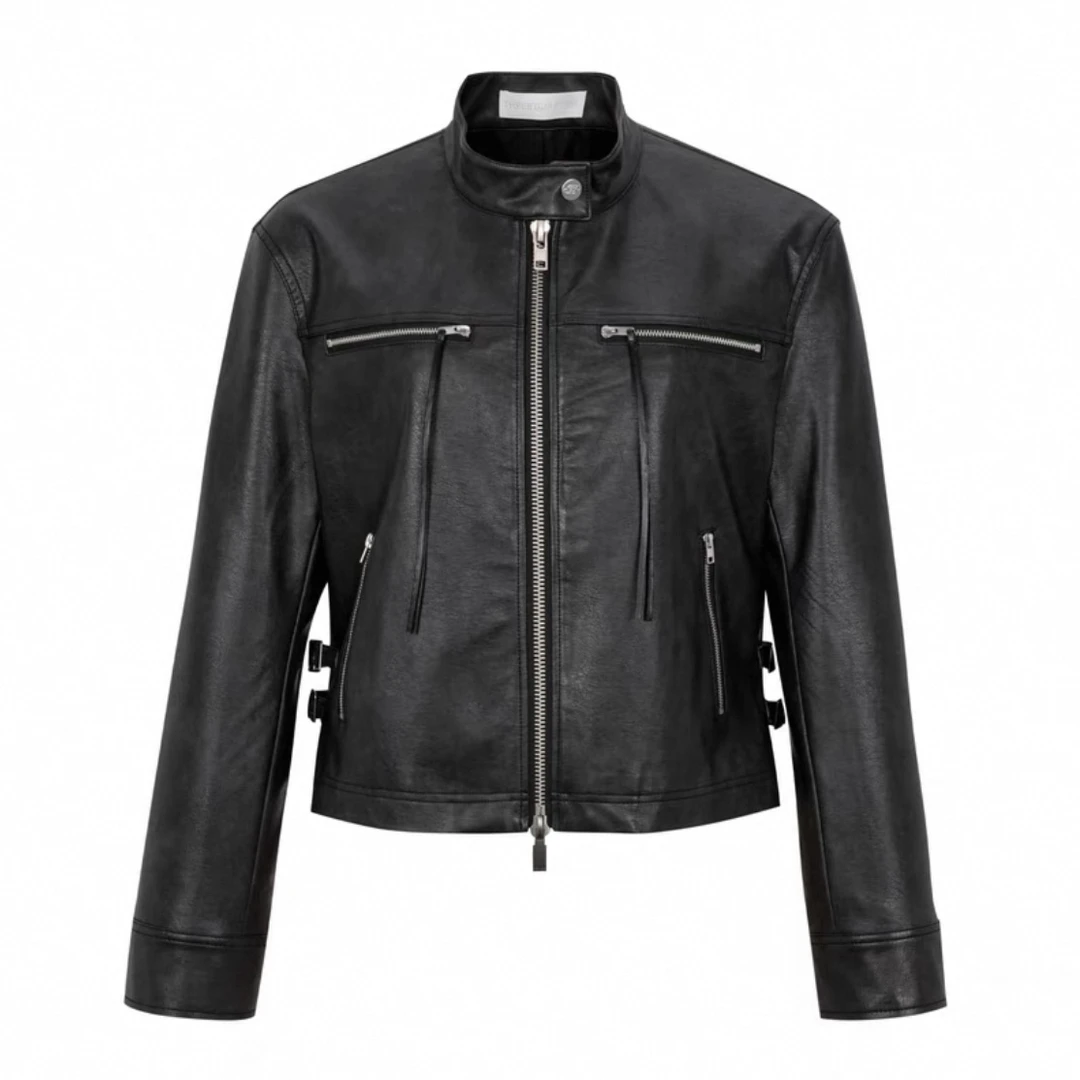 Three Quarters黑色短款仿真皮夹克外套女士春款