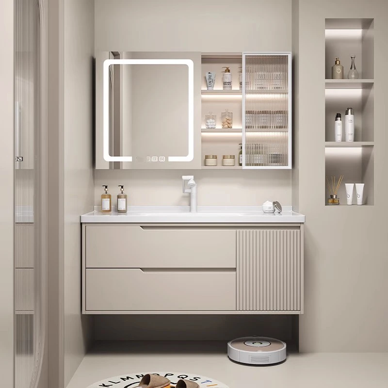 8013风水镜奶油风橡胶木烤漆智能浴室柜组合一体盆卫生间洗漱台