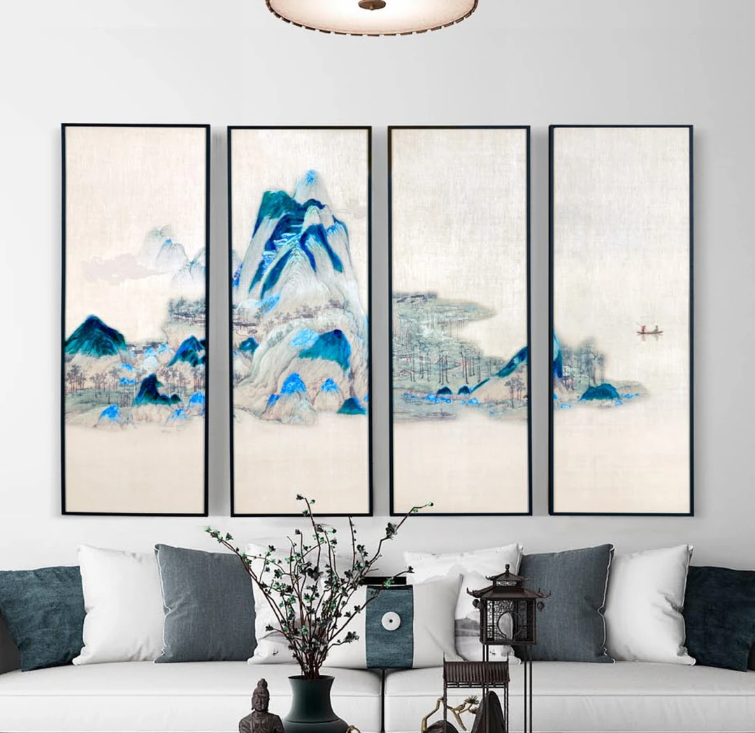 国画山水画客厅四联挂画餐厅茶室包间沙发背景墙风景刺绣装饰画