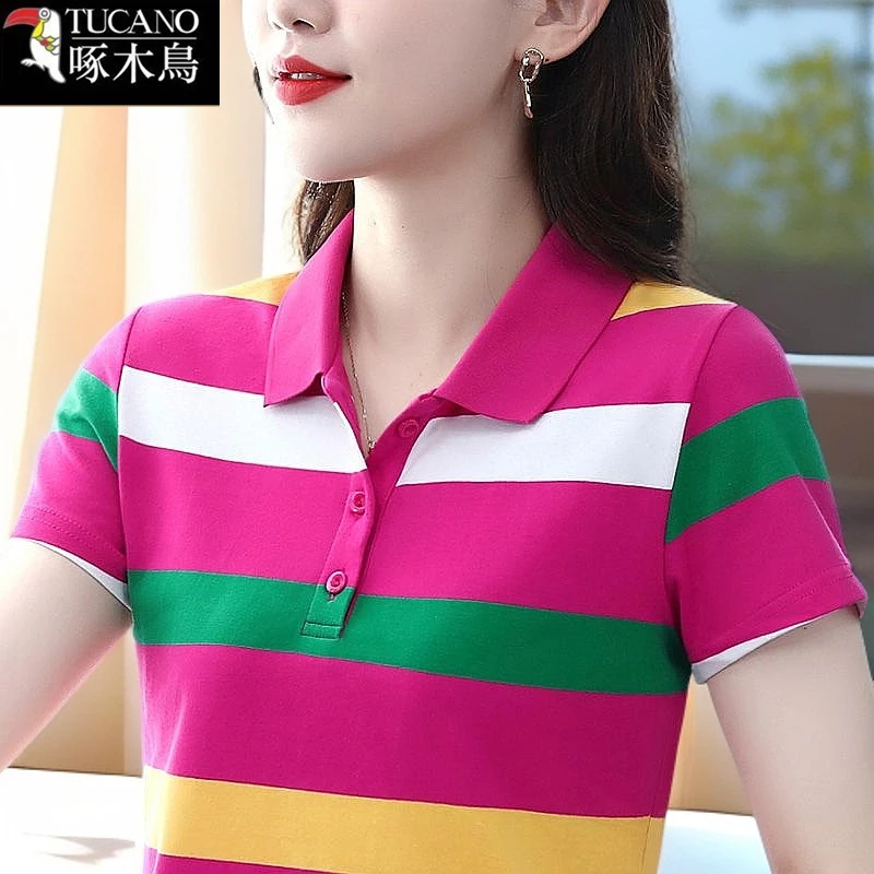 啄木鸟2025年新款翻领条纹拼色T恤夏季女装薄款小众百搭短袖上衣