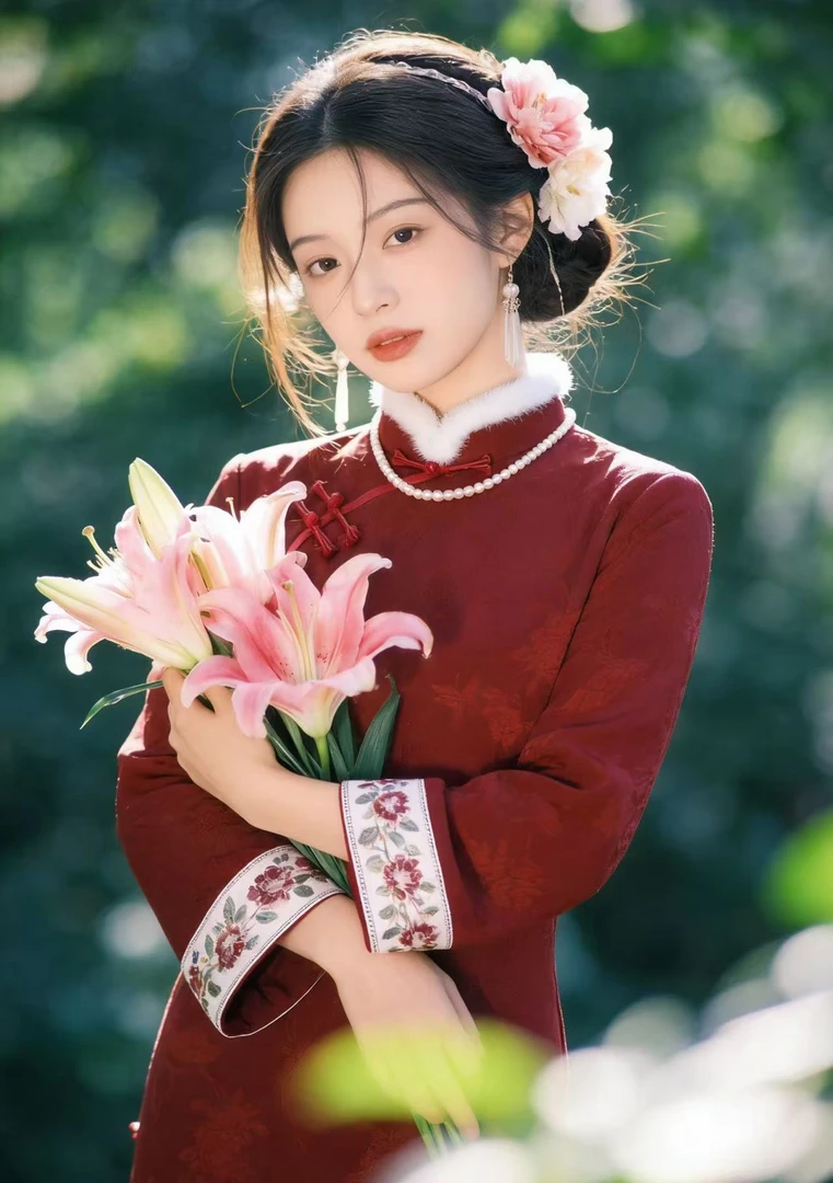 1460 【花红蝶】 红色 缠结扣 白毛领 旗袍