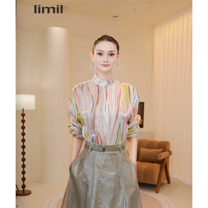 limil/丽米儿显白衬衫拼接衬衣白色长袖立领休闲落肩袖成人930015