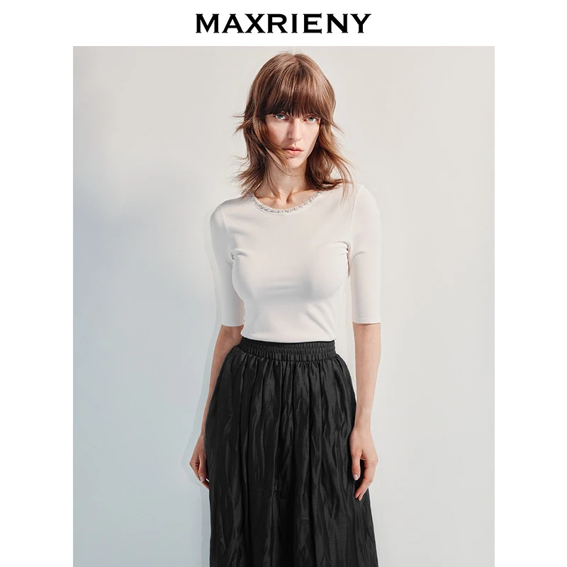【蜜思仝】MAXRIENY精致简约感钉珠套头毛针织衫25夏款七分袖上衣女