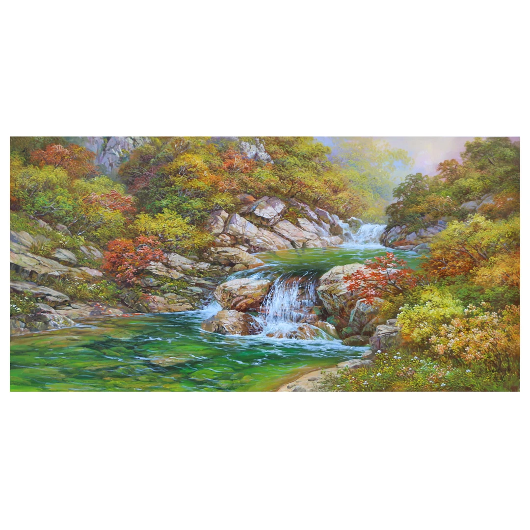 手绘油画原稿写实油画朝鲜 李贤哲《初秋溪谷》