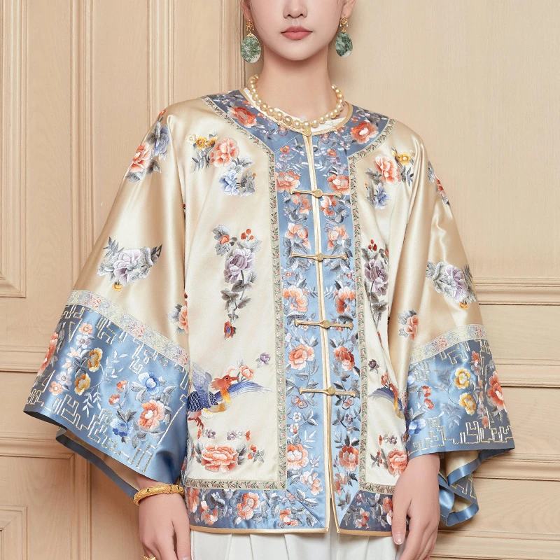 浅金凤凰新中式重工刺绣醋酸华服春季新款高端国风对襟外套上衣女