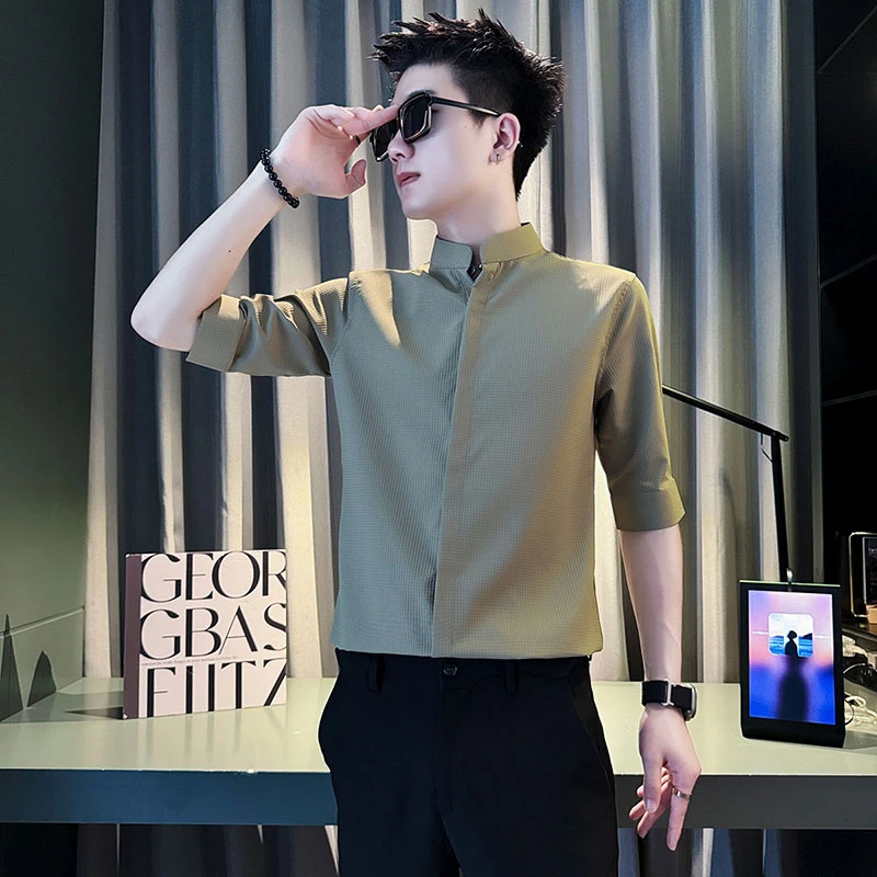 男士立领暗门襟格子短袖衬衫夏季新款网红爆款潮流痞帅中袖衬衣