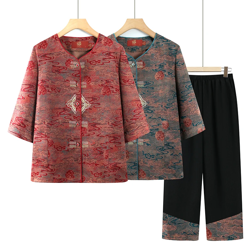 奶奶装夏季套装女70岁老太太衬衫妈妈夏装短袖上衣两件套老人衣服