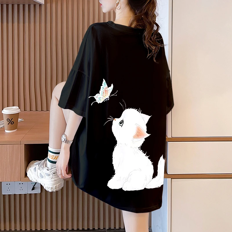 卡通猫咪短袖大板t恤女中长款2025夏季新款宽松学生遮肚纯棉上衣