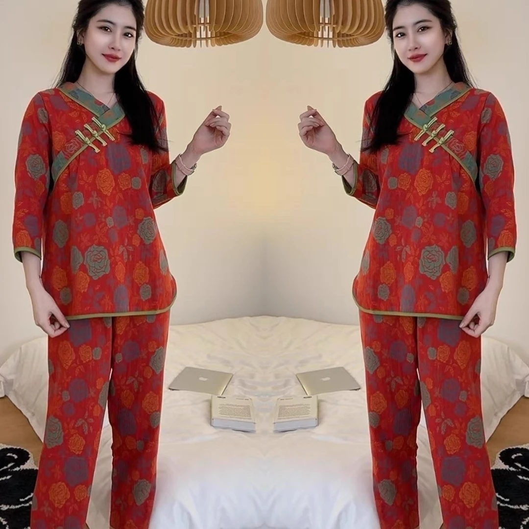 维多利亚新中式国风睡衣女V领盘扣提花刺绣双层家居服套装