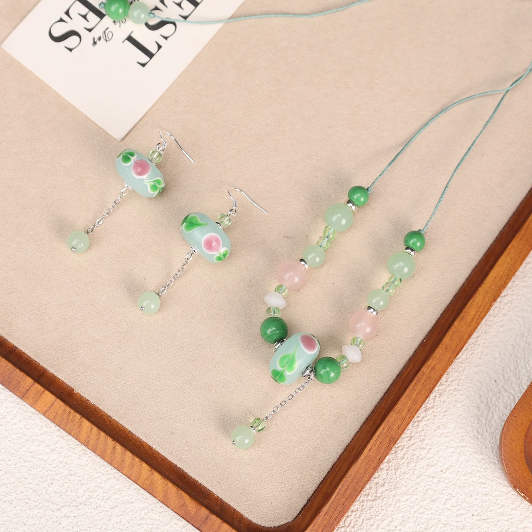 LZ5035孙老师绿料蜜桃粉转转筒绳编耳环项链
