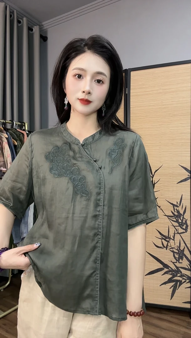 清欢美人【吉祥如意】原创新款盘扣刺绣苎麻衬衫