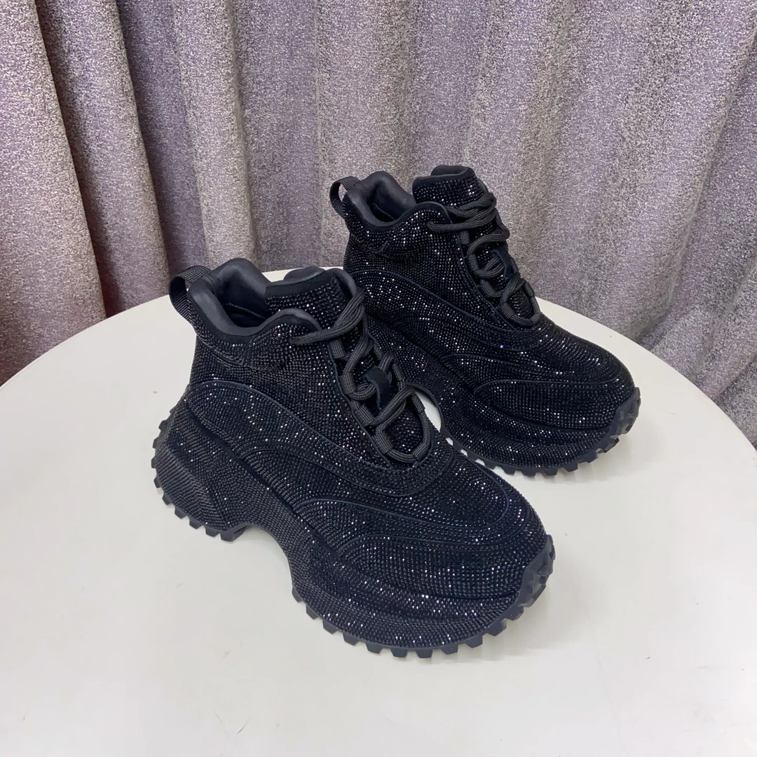 C9112   黑色 时尚秋冬舒适厚底水钻圆头短靴 马丁靴