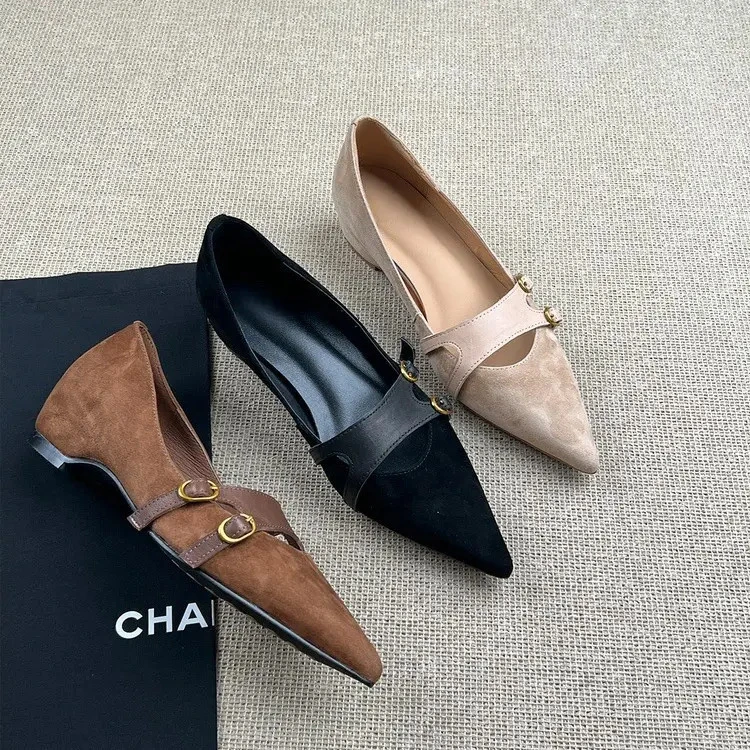 2025秋冬新款内6CM复古尖头一字扣浅口单鞋女浅口气质百搭工作鞋