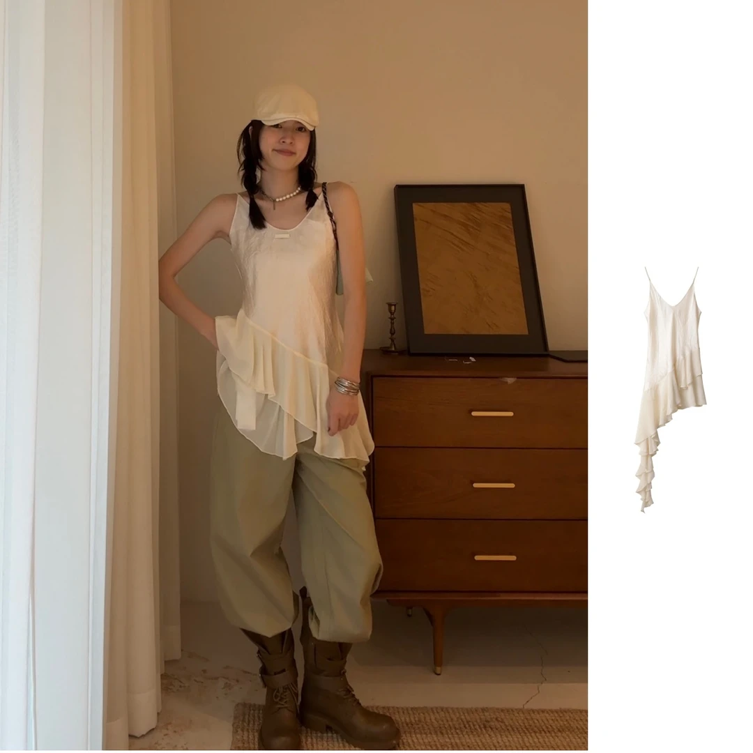 ICE  25早秋新品吊带白色无袖连衣裙百搭蕾丝吊带款露肩纯色