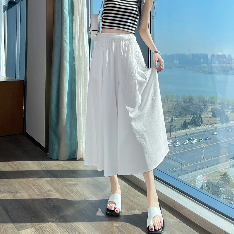 白色裤裙女2025新款夏季薄款九分蕾丝绑带高腰垂感百搭八分阔腿裤