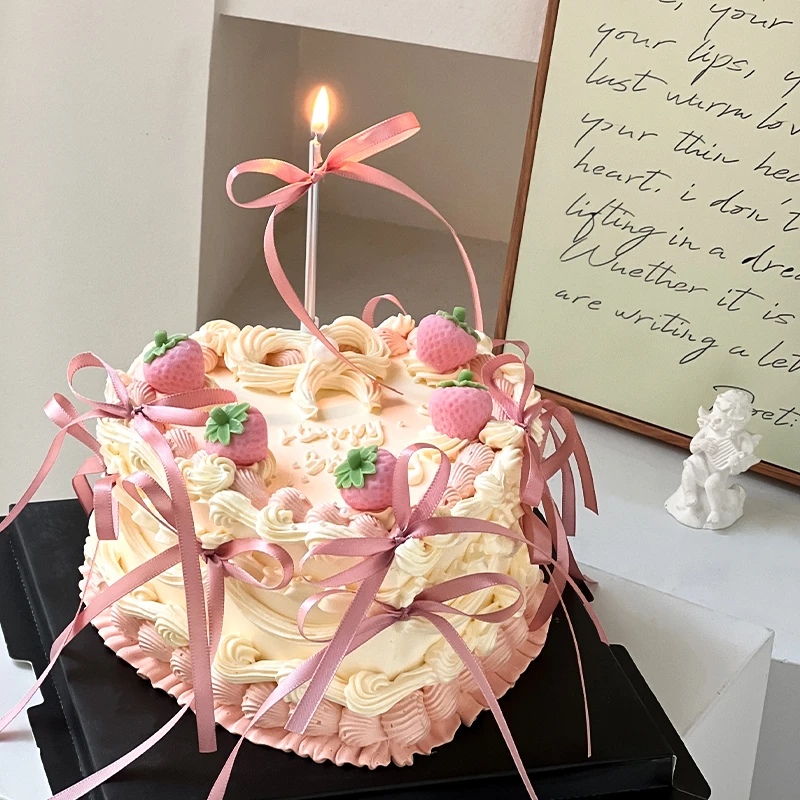 网红韩系心形草莓蛋糕装饰女神小仙女生日芭蕾风蝴蝶结丝带插件