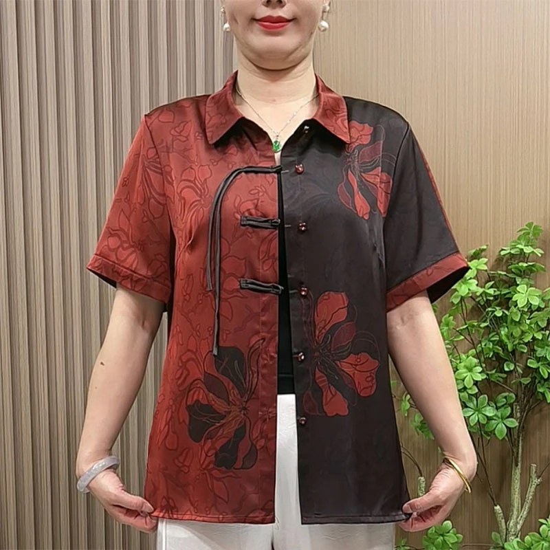 妈妈装夏季新中式衬衫中老年女装夏装大码宽松翻领国风开衫衬衣