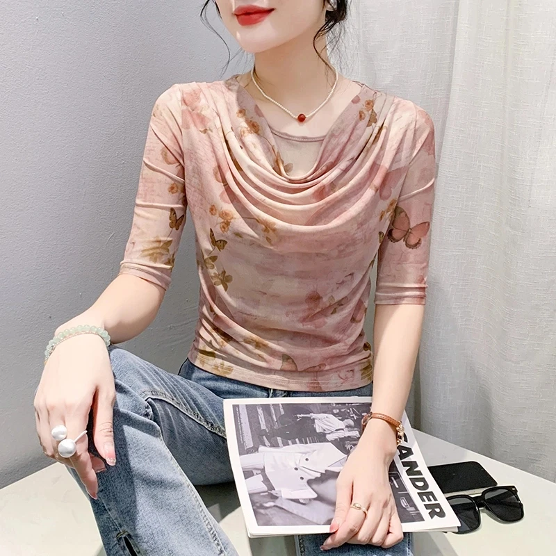 2025年夏季新款网纱休闲简约短袖T恤女百搭显瘦