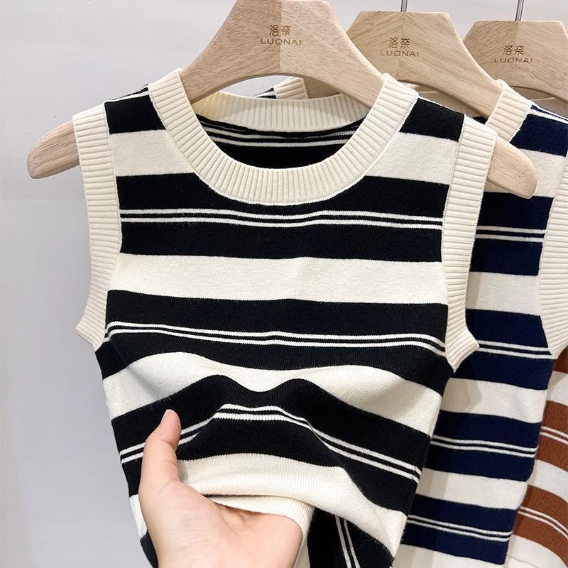 法式坎肩针织背心吊带女夏季新款洋气条纹修身短款无袖T恤女上衣