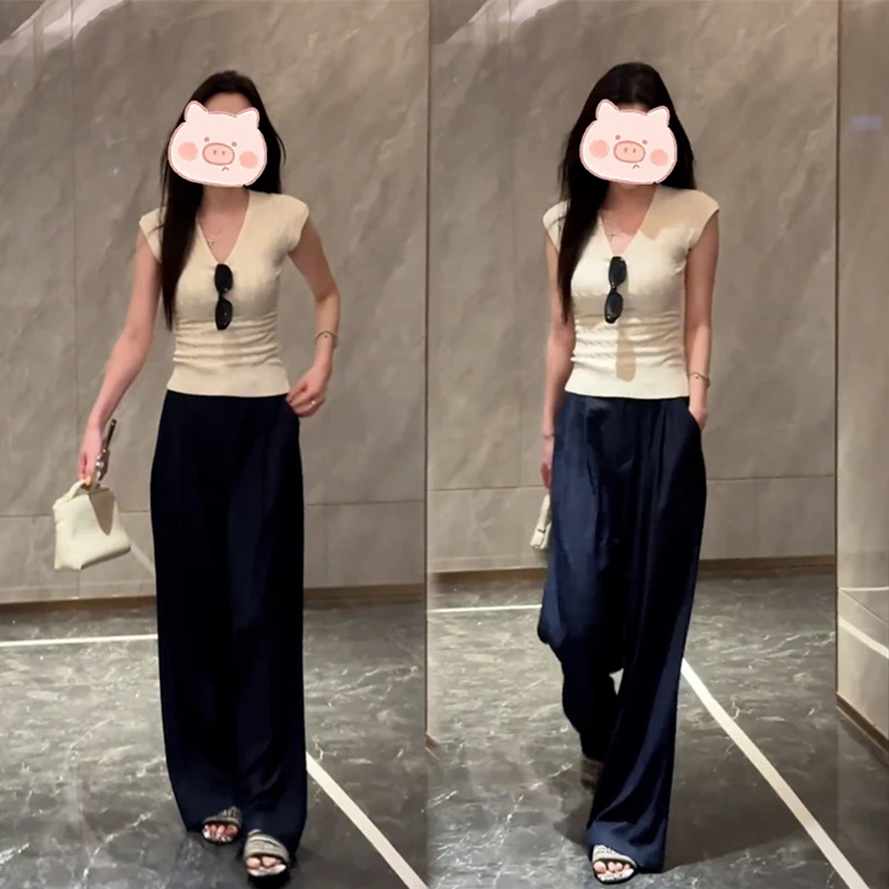 夏季简约休闲风穿搭一整套纯色上衣短袖搭配宽松显瘦休闲裤套装女