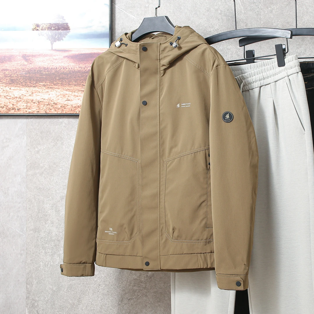 防风防泼水H系品牌撤柜卡其色连帽外套男款春秋款户外休闲夹克