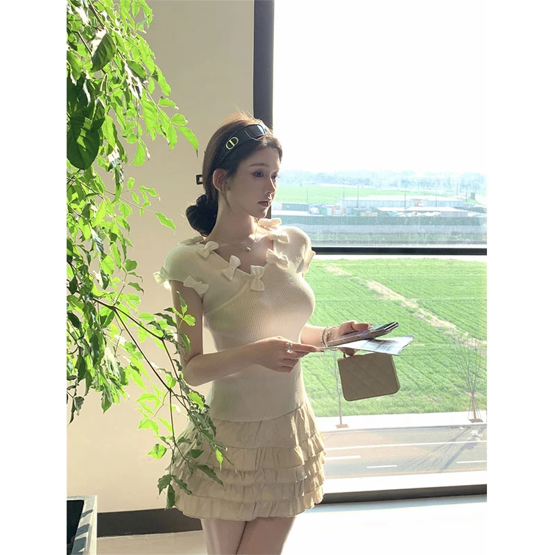 2025年夏季新款ins重工首勾蝴蝶结小香针织小飞袖上衣配蛋糕半裙
