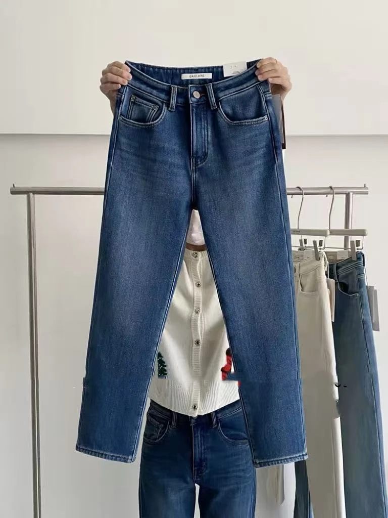 SU【095】代98 本本 加绒直筒牛仔裤高腰蓝色显瘦九分烟管裤~